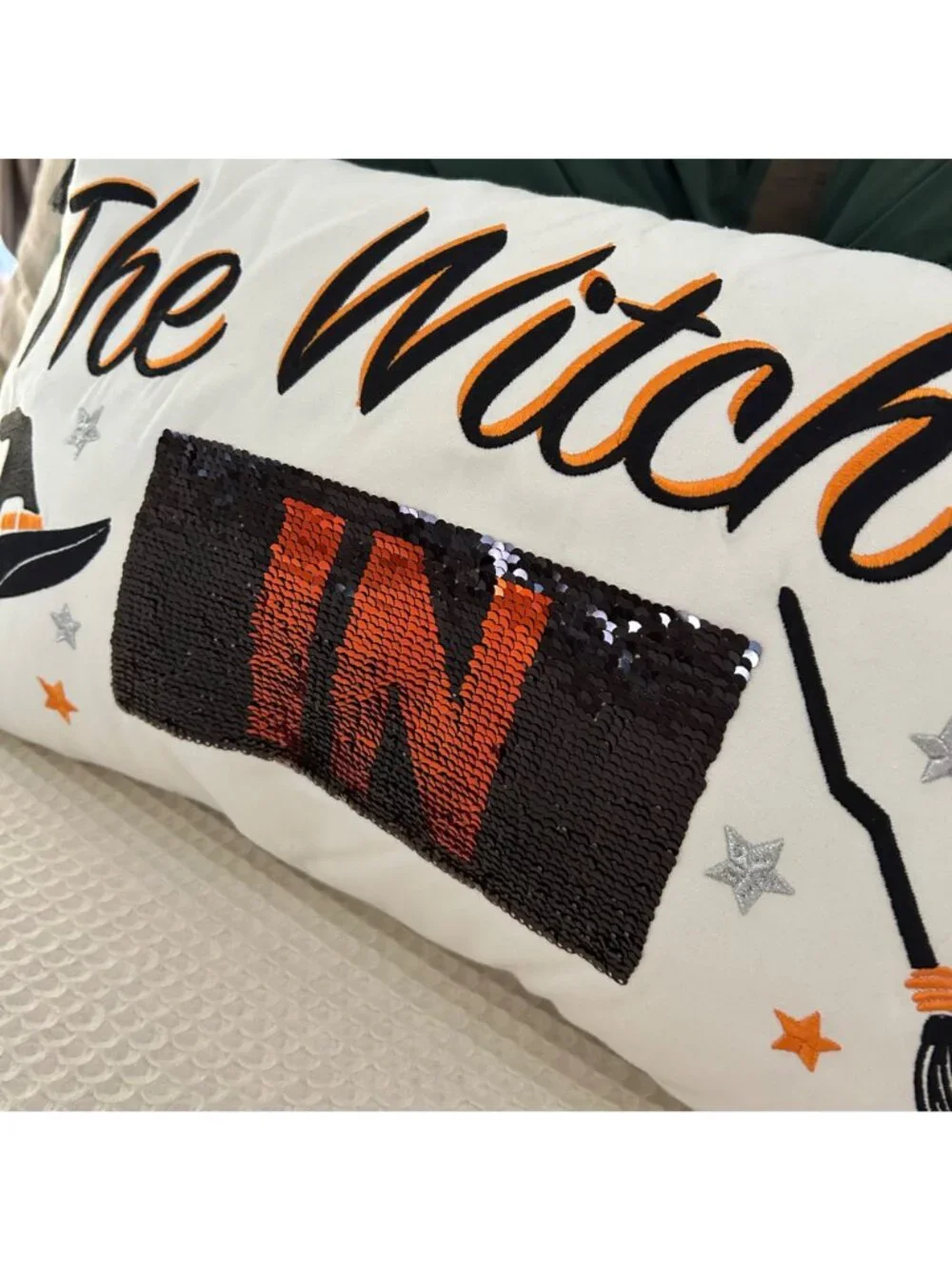Isaac Mizrahi Halloween Throw Pillow ‘The Witch is In/Out” Flip Decor Festive
